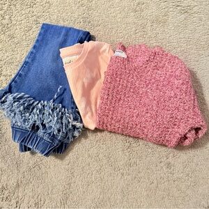 Girls 5T Lot- Purple Sweater, Pink Butterfly Tee, and Blue Fringe Jeans Set